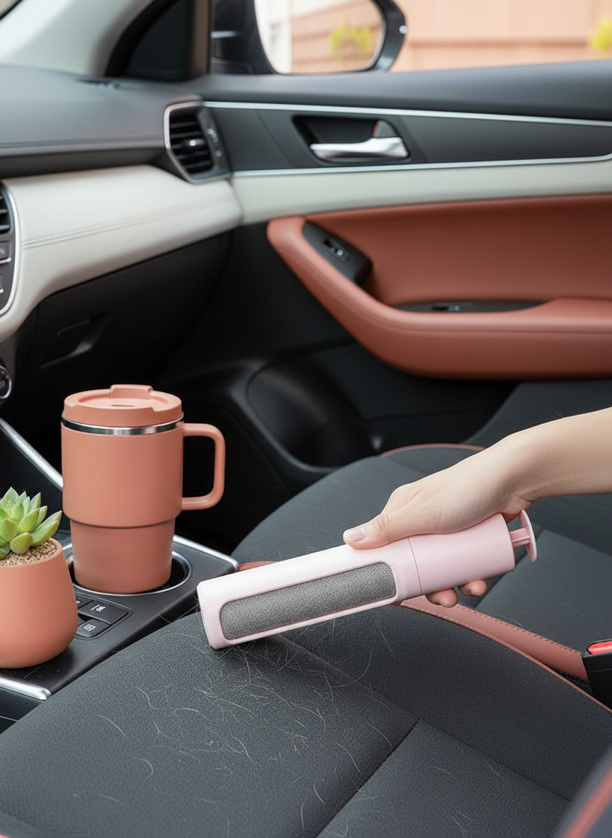 A 2-in-1 Reusable Pet Hair Remover Brush rests on a white surface with terracotta and burnt sienna background accents.