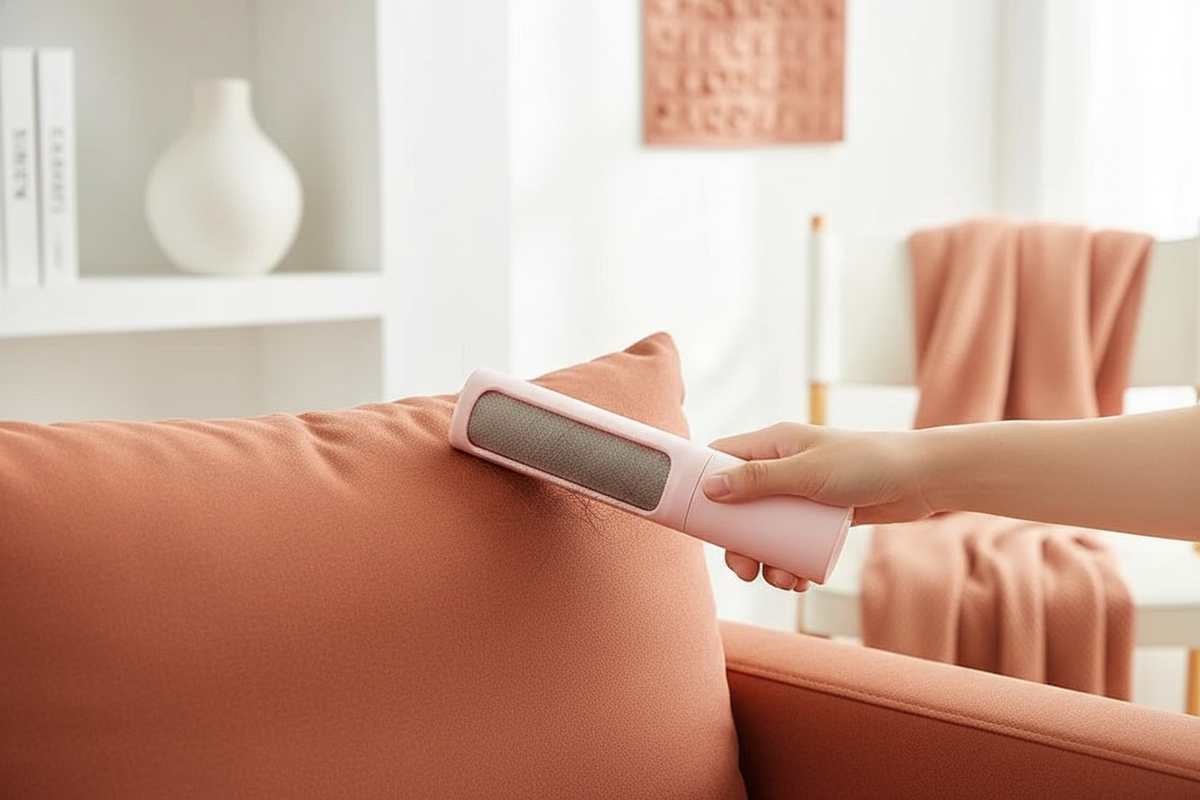 A hand uses a 2-in-1 Reusable Pet Hair Remover Brush on a terracotta sofa cushion, collecting pet hair. The background is blu